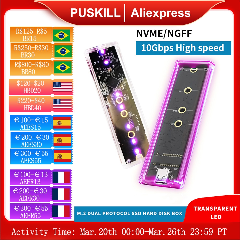 PUSKILL  LED   ϵ Dr, M.2 NVMe NGFF SSD Ŭ, USB 3.1 C Ÿ, 10Gbps SATA HDD ڽ, 2230 2242 2260/2280
